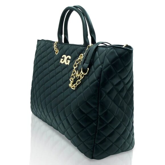 Gilda Paris Large Quilted Tote Bag black vegan leather and gold accents - Picture 3 of 6